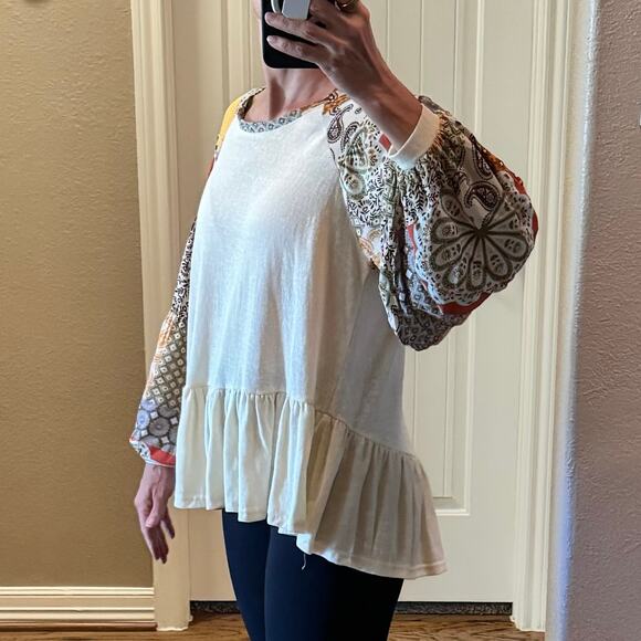 Umgee Mixed Print Balloon Sleeve Babydoll Blouse Top Boho Lightweight Size Small - Picture 7 of 9